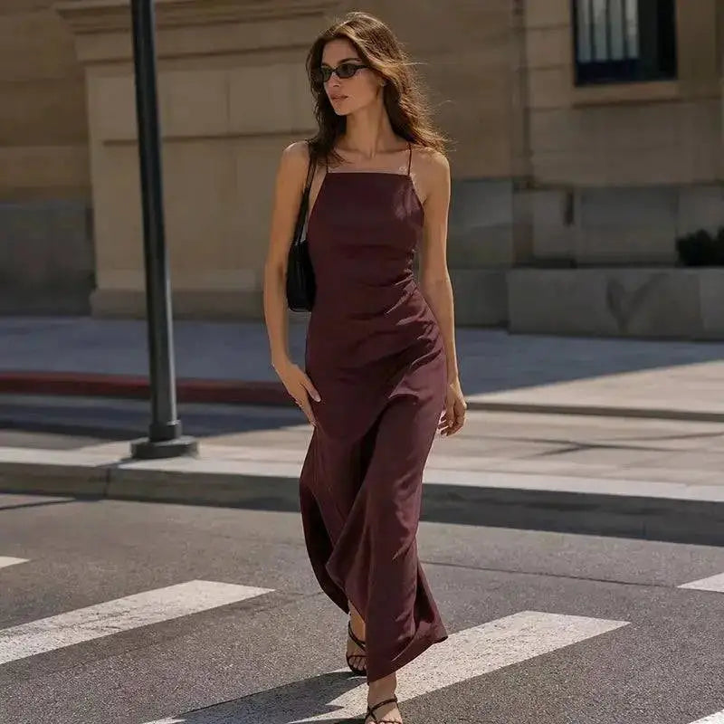 High Quality 2026 Summer New Women Fashion Linen Strap Midi Holiday Dress Casual Solid Zipper Slim Elegance Party Dresses Ladies by Dropshipman