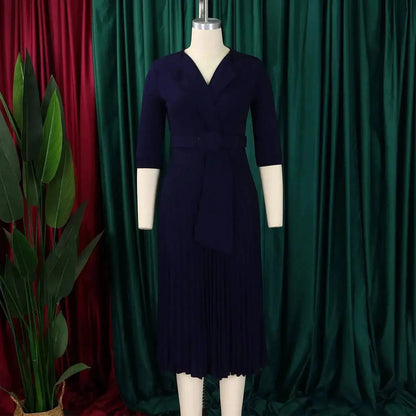 Elegant Office Ladies Dresses 2024 Autumn Fall Notched Collar Half Sleeve Belt Waisted Mid Calf Female Birthday Party Dress Midi by Dropshipman