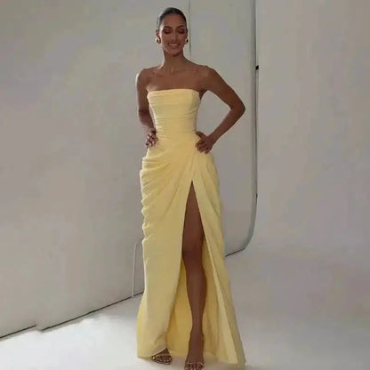 Elegant Solid Strapless Pleated Dress Women Chic Sleeveless Waist Cinching Split Maxi Vestidos 2026 Lady Evening Party Dresses by Dropshipman
