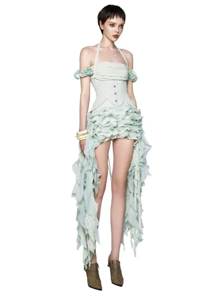 Women Ruffles Draped Dress Three Piece Sets Sexy Halter Neck Folds Ruffled Dress+Lace-up Corset Top+Shorts Suits Party Cocktail SHOPEZRA L.L.C.