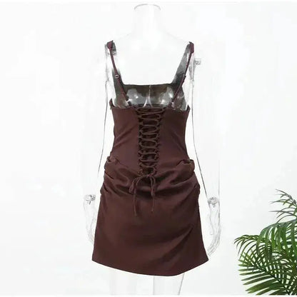 2026 New Sexy Women Square-neck Halter Mini Dress Pleated Sleeveless Backless High Waist Bodycon Dresses Summer Lady Party Robes by Dropshipman