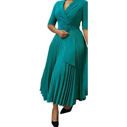 Elegant Office Ladies Dresses 2024 Autumn Fall Notched Collar Half Sleeve Belt Waisted Mid Calf Female Birthday Party Dress Midi by Dropshipman