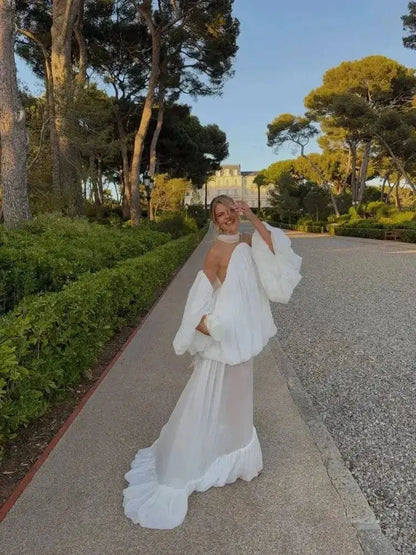 Trendy White Chiffon Off-shoulder Halter Maxi Dress Suit Chic Sheer Mesh Long Sleeve Flowy Vestidos 2026 New Formal Evening Gown by Dropshipman