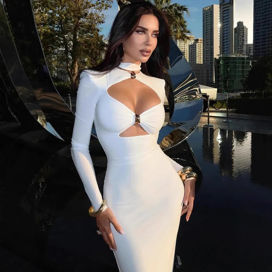 Elegantes Abendkleid Kleider Für Frauen Party Hochzeit Vestido Lady Temperament Einfacher Stil Langarm Einfarbig Paket Hüfte