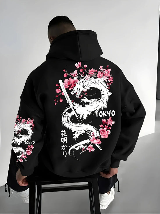 Japan Herren Damen Anime Drachen Sakura Print Hoodie Street Harajuku Y2K Sport Lässig Locker Herbst Winter Warm Sweatshirt Kleidung
