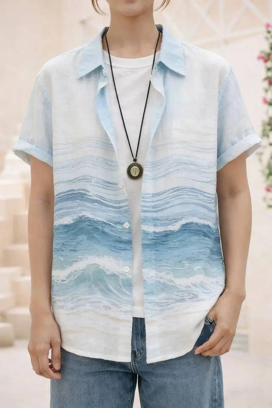 Men's summer retro linen short sleeve shirt with ocean octopus 3D print, ideal for Hawaiian vacations and outdoor fishing.