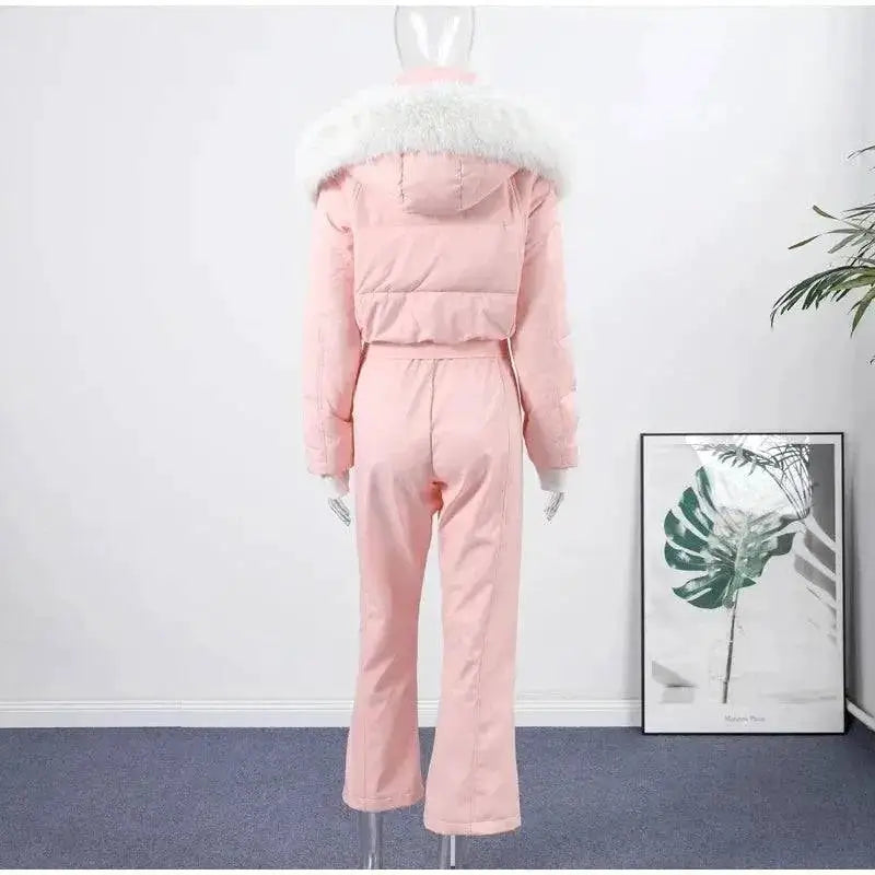 Women Fur Collar Hooded Skiwear Fashion Solid Thicken Zipper High Waist Slim Outdoor Overalls Jumpsuit Lady Winter Outwear by Dropshipman