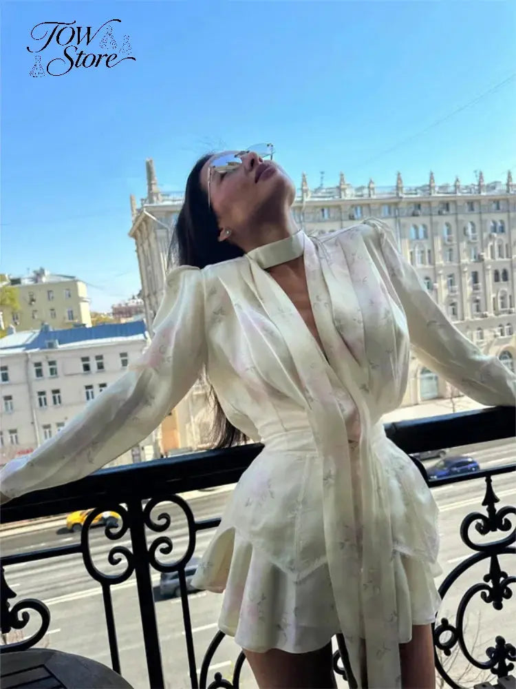 Elegant Floral Printed Waist-cinched Mini Dress Women Pleated Deep V-neck Long Sleeve Button-front Dresses Fashion Party Robe SHOPEZRA L.L.C.