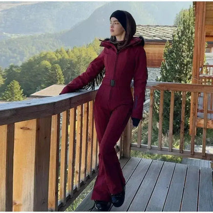 Women Fur Collar Hooded Skiwear Fashion Solid Thicken Zipper High Waist Slim Outdoor Overalls Jumpsuit Lady Winter Outwear by Dropshipman
