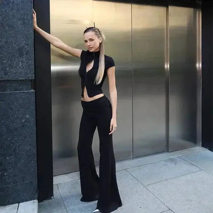 Y2k Black Hollow Out Slit Dress Women Solid Short Sleeve High Neck Slim Fit Maxi Dresses Lady Fashion Evening Party Club Robe by Dropshipman