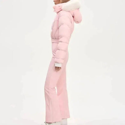 Women Fur Collar Hooded Skiwear Fashion Solid Thicken Zipper High Waist Slim Outdoor Overalls Jumpsuit Lady Winter Outwear by Dropshipman