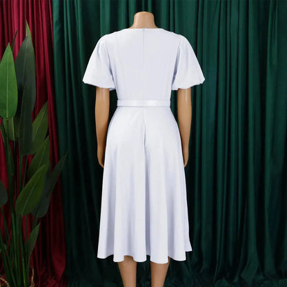Elegant Office Dress for Women Professional O Neck Short Sleeve Belt Waisted A Line Mid Calf Formal Business Work Dress Midi New by Dropshipman