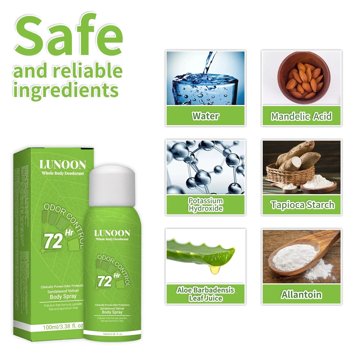 LUNOON Whole Body Deodorant Spray 100ml - Multi-Use for Underarms, Feet &amp; More, 72-Hour Odor Control &amp; Freshness