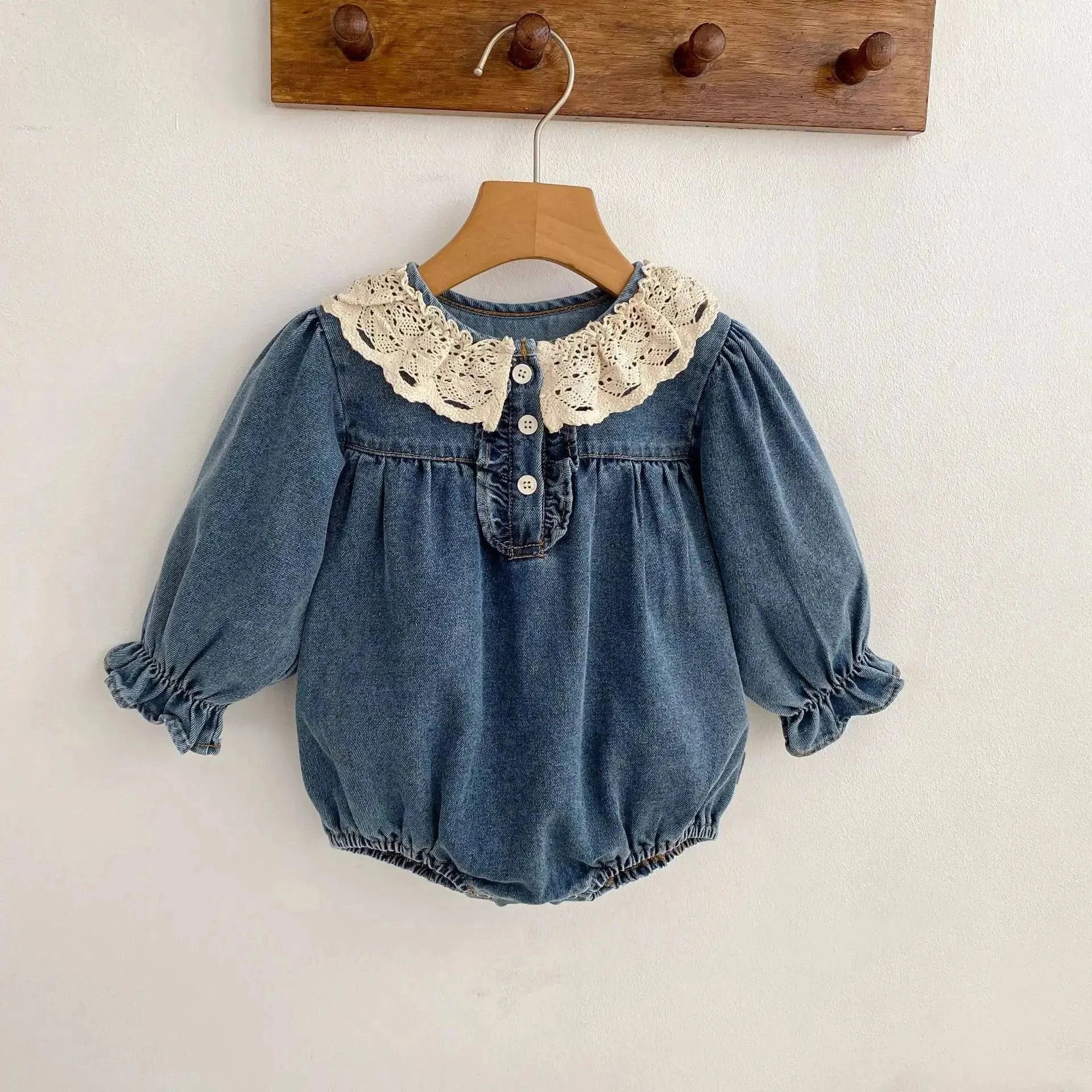 Baby girl denim long sleeve outfit from SHOPEZRA L.L.C. for spring and autumn, featuring princess climbing design.