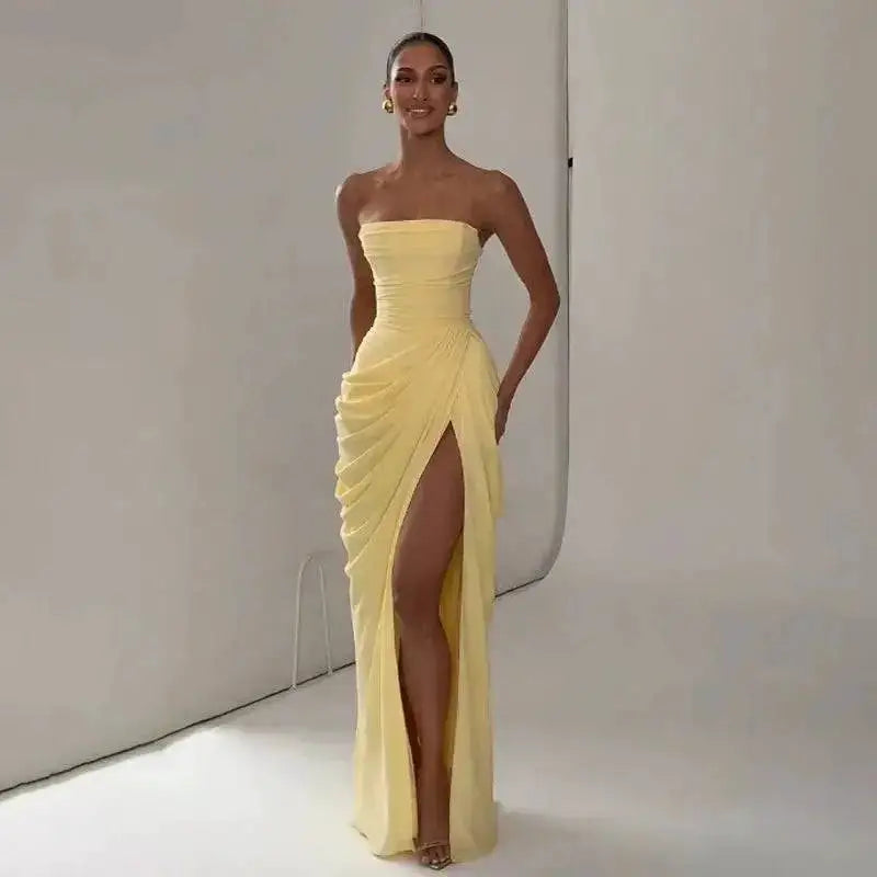 Elegant Solid Strapless Pleated Dress Women Chic Sleeveless Waist Cinching Split Maxi Vestidos 2026 Lady Evening Party Dresses by Dropshipman