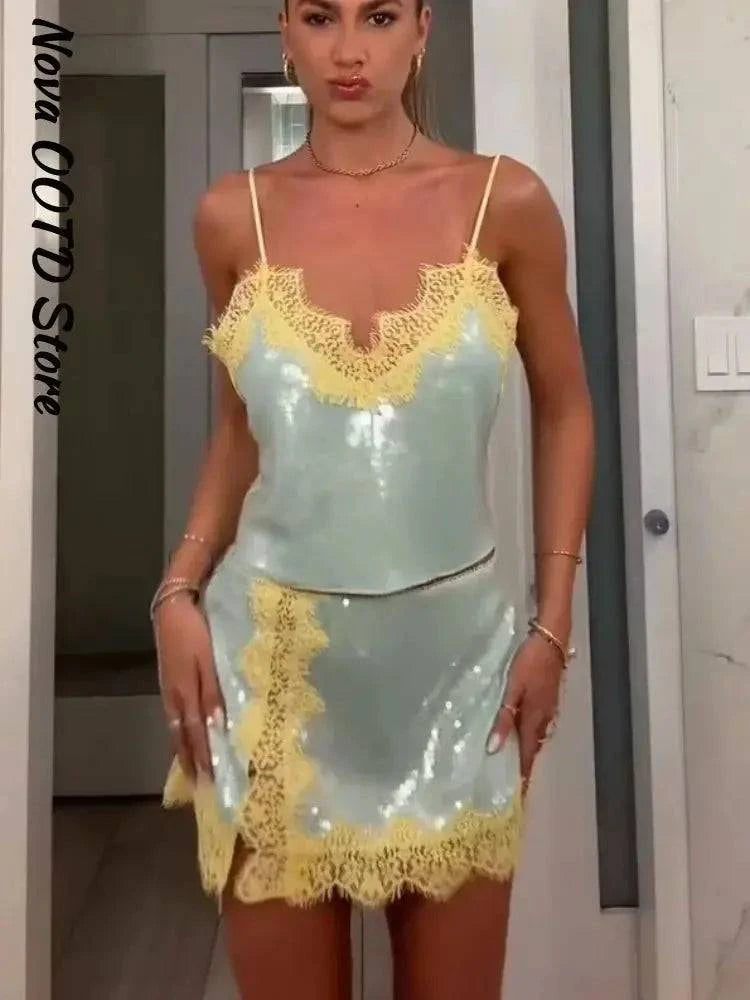 Beach sequin women's Y2K lace spliced see-through strap mini dress by SHOPEZRA L.L.C. perfect for summer vacations and casual parties.