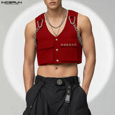 INCERUN Men Vests Solid Color Chain Decoration V Neck Sleeveless Crop Tops Men Streetwear Fashion Casual Male Waistcoats S-3XL SHOPEZRA L.L.C.