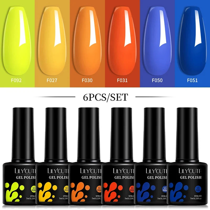 LILYCUTE 6Pcs 7ML Gel DIY Nails Polish Set Bright Pink Nail Charms Soak Off UV LED Gel Varnish Nail Art Design Accessories