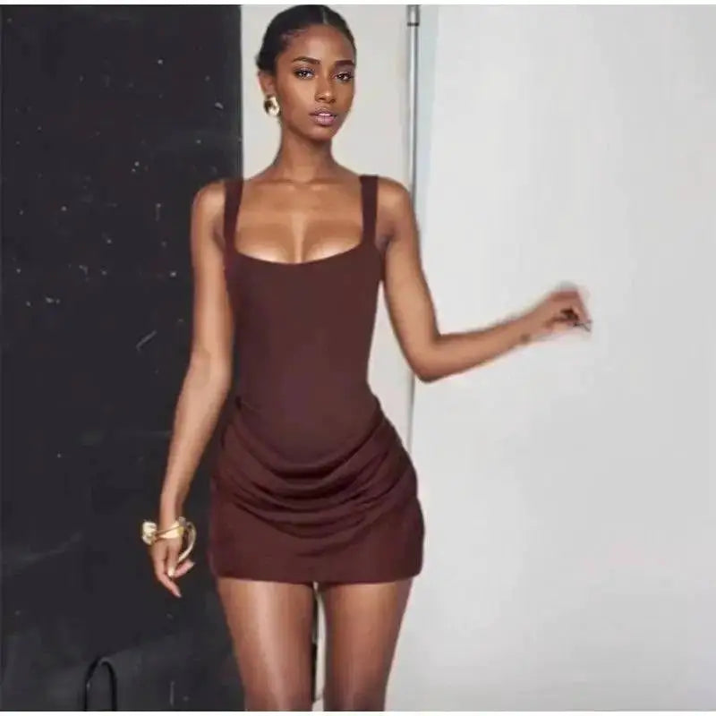 Women Square-neck Halter Mini Dress Sexy Pleated Sleeveless Backless High Waist Bodycon Dresses 2026 New Fashion Party Robes by Dropshipman