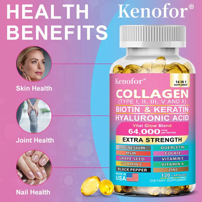 14 IN 1 Collagen Capsules - Biotin &amp; Keratin Skin Care Product Booster Anti Aging Whitening Skin Nail and Hair Care Supplement