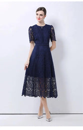 SMTHMA Vintage High-End O-Neck Short Sleeve Lace Hollow Out Dress For Women&