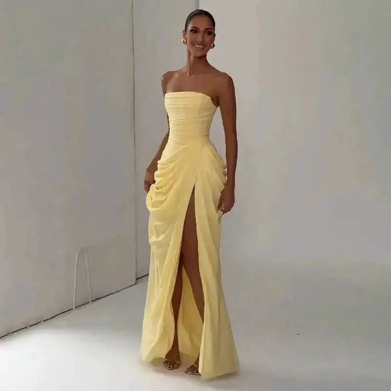 Elegant Solid Strapless Pleated Dress Women Chic Sleeveless Waist Cinching Split Maxi Vestidos 2026 Lady Evening Party Dresses by Dropshipman