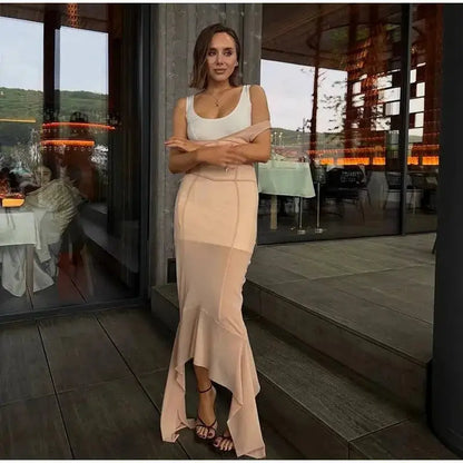 Mesh Overlay Lace Hem Slip Midi Dress Slim Spaghetti Strap Sheer 2026 Summer Elegant Women Bodycon Dress Retro Date Lady Gown by Dropshipman