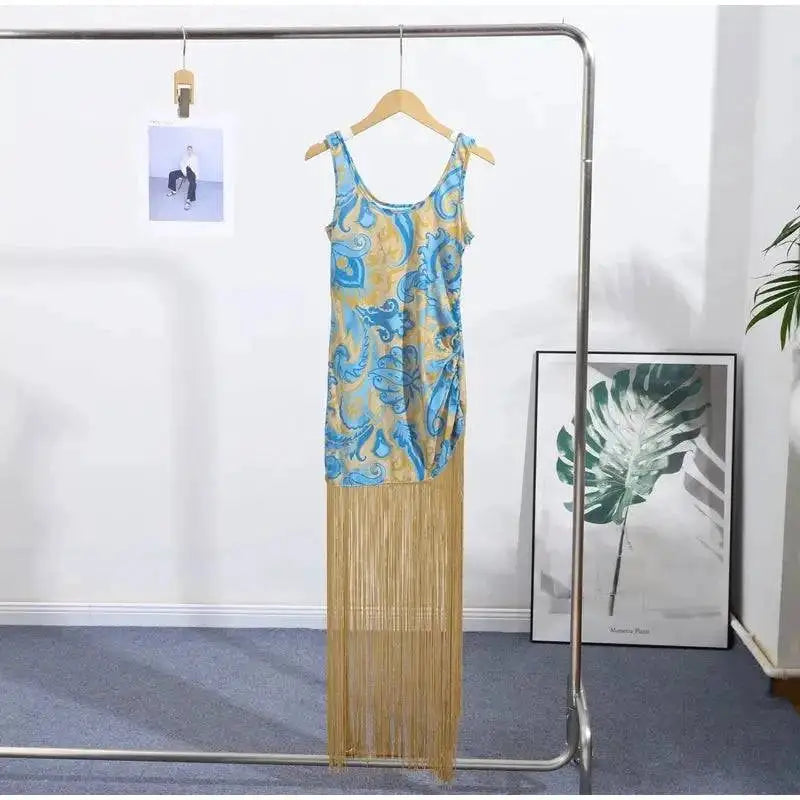 Tassel Hemline Printed Halter Dress Sleeveless Suspender Pleats Waist Cinched Slimming Sexy Robes Fringed Women Long Dresses New by Dropshipman