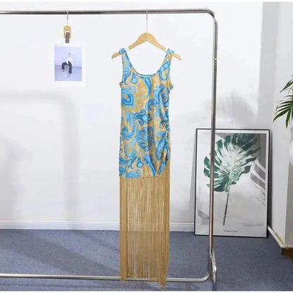 Tassel Hemline Printed Halter Dress Sleeveless Suspender Pleats Waist Cinched Slimming Sexy Robes Fringed Women Long Dresses New by Dropshipman