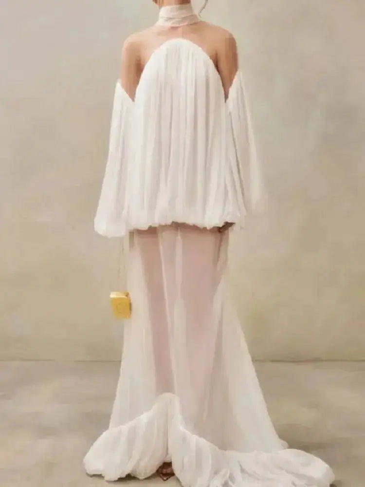 Trendy White Chiffon Off-shoulder Halter Maxi Dress Suit Chic Sheer Mesh Long Sleeve Flowy Vestidos 2026 New Formal Evening Gown by Dropshipman
