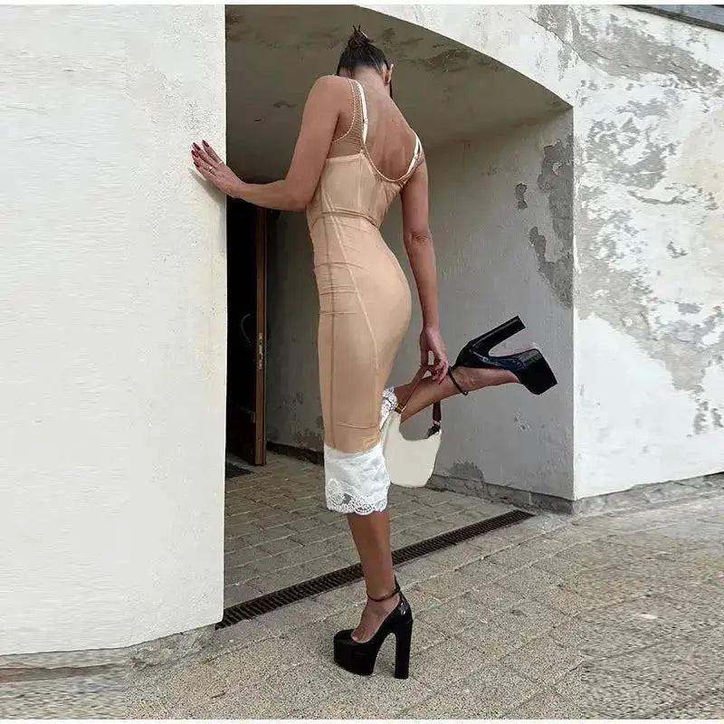 Mesh Overlay Lace Hem Slip Midi Dress Slim Spaghetti Strap Sheer 2026 Summer Elegant Women Bodycon Dress Retro Date Lady Gown by Dropshipman