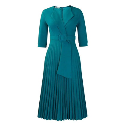Elegant Office Ladies Dresses 2024 Autumn Fall Notched Collar Half Sleeve Belt Waisted Mid Calf Female Birthday Party Dress Midi by Dropshipman