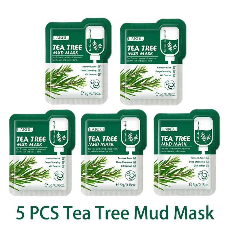 LAIKOU 5pcs Mud Mask Clay Mask Sakura Matcha Eggplant Tea Tree Mung Bean Oil-Control Deep Cleansing Repairing Facial Skin Care