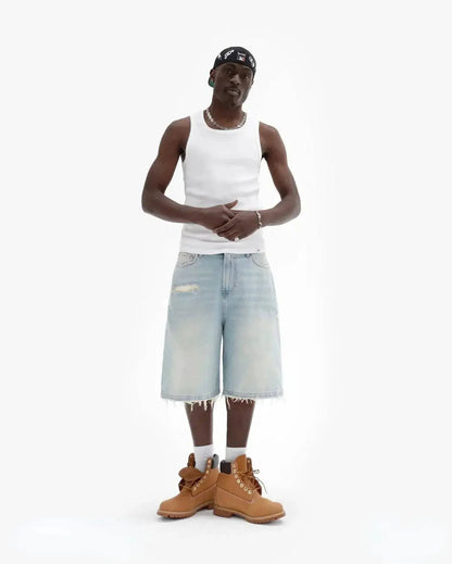 Y2k Black Punk Wash Baggy Work Shorts Men Women Summer Hip Hop Ripped Hole Denim Shorts Raw Edge Casual Jorts Streetwear by Dropshipman