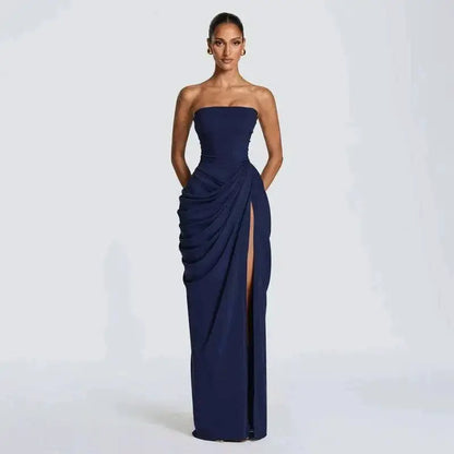 Elegant Solid Strapless Pleated Dress Women Chic Sleeveless Waist Cinching Split Maxi Vestidos 2026 Lady Evening Party Dresses by Dropshipman