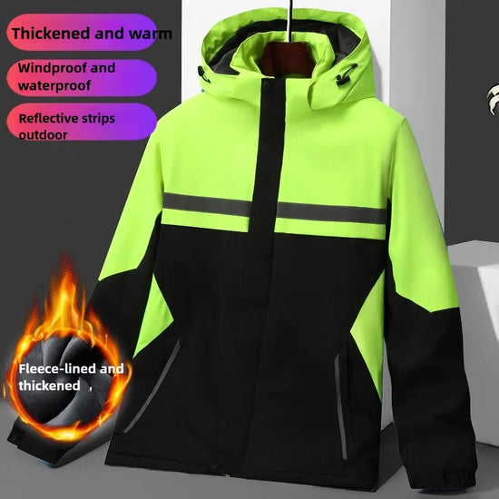 Neue Winter-Arbeitsjacke, wasserdicht, winddicht, reflektierend, Thermomantel mit Fleecefutter, schmutzabweisend für draußen