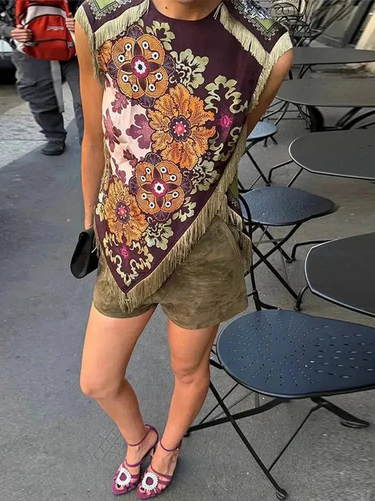 Fashion Tassel Patchwork Floral Printed Dresses Elegant Sleeveless Female Irregular Dresses 2026 Summer Lady Beach Party Robes by Dropshipman