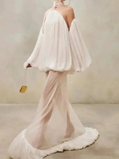 Trendy White Chiffon Off-shoulder Halter Maxi Dress Suit Chic Sheer Mesh Long Sleeve Flowy Vestidos 2026 New Formal Evening Gown by Dropshipman