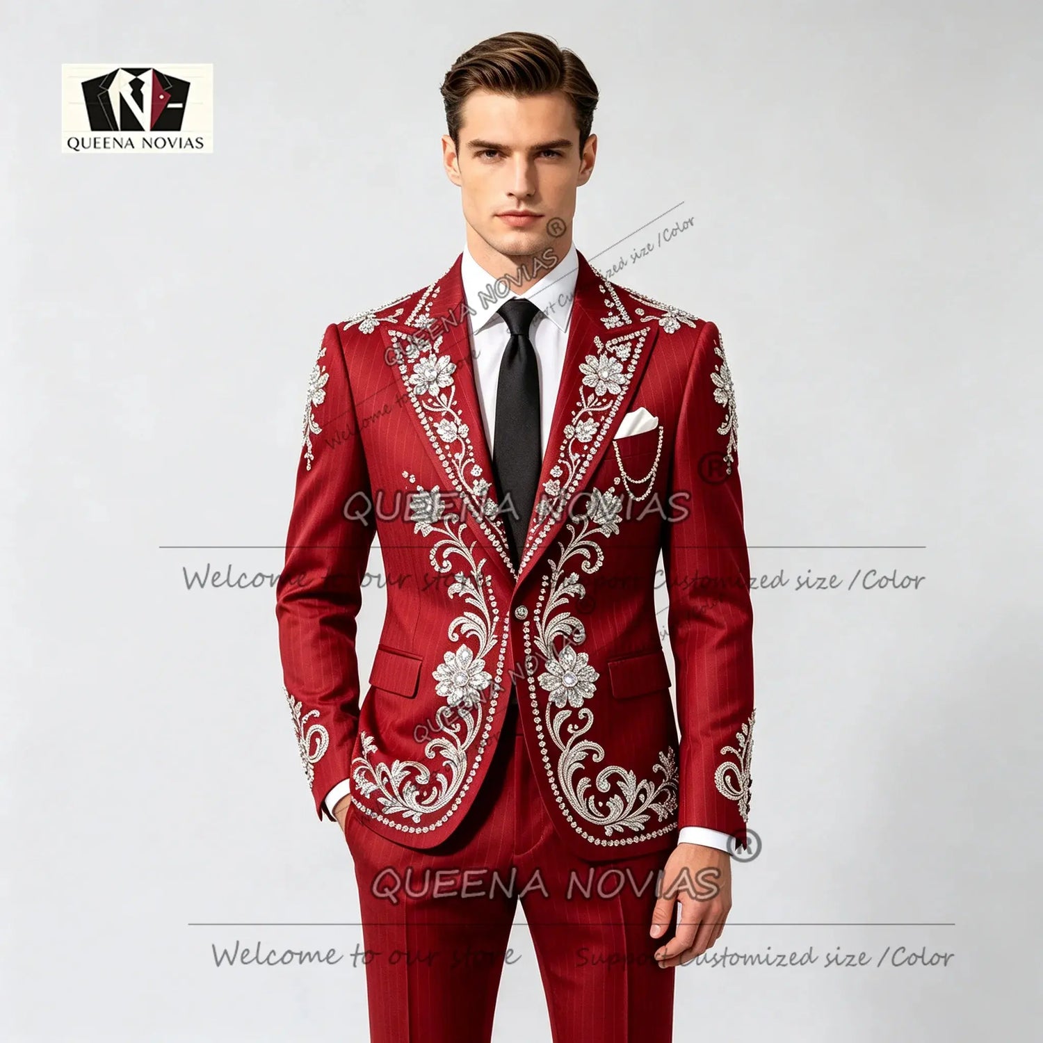 Striped Suits Men For Wedding Customzied Heavy Rhinestone Beadwork Jacket Pants 2 Pieces Sets Groom Tuxedo Attires Ropa Hombre SHOPEZRA L.L.C.