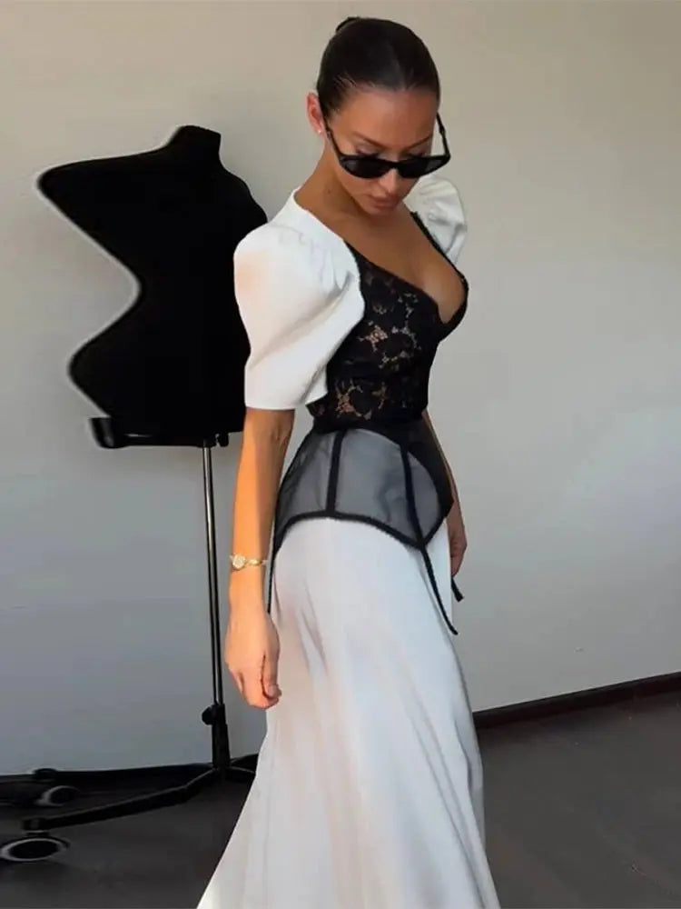 Lace Trim Satin Peplum Midi Dress Deep V-Neck Puff Sleeve A-Line 2026 Spring Summer Chic Elegant Romantic Women Cocktail Dress SHOPEZRA L.L.C.