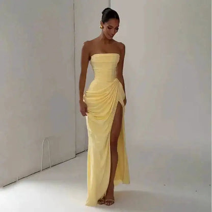 Elegant Solid Strapless Pleated Dress Women Chic Sleeveless Waist Cinching Split Maxi Vestidos 2026 Lady Evening Party Dresses by Dropshipman