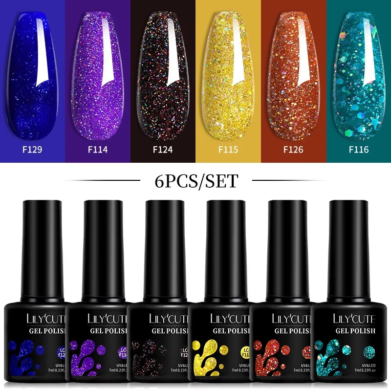 LILYCUTE 6Pcs 7ML Gel DIY Nails Polish Set Bright Pink Nail Charms Soak Off UV LED Gel Varnish Nail Art Design Accessories