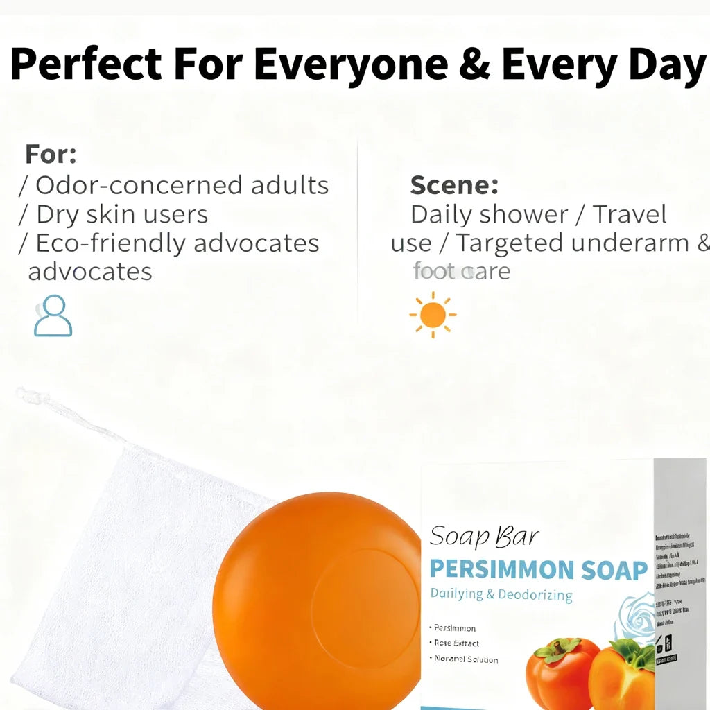 Persimmon Soap Bar Japanese Persimmon &amp; Green Tea Extract For Men and Women Gentle on All Skin Types Deodorizing Soap Rose Scent