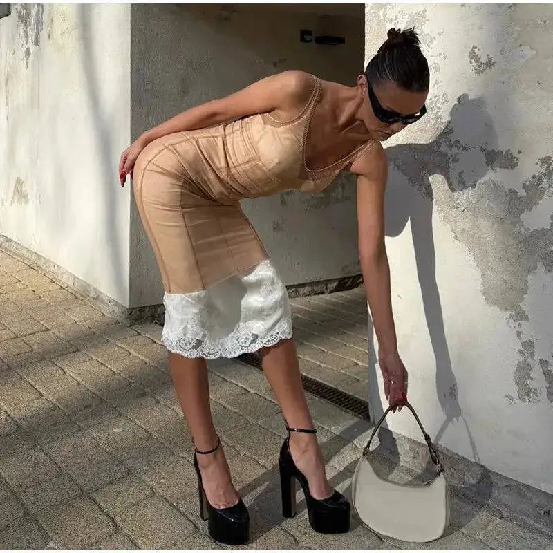 Mesh Overlay Lace Hem Slip Midi Dress Slim Spaghetti Strap Sheer 2026 Summer Elegant Women Bodycon Dress Retro Date Lady Gown by Dropshipman