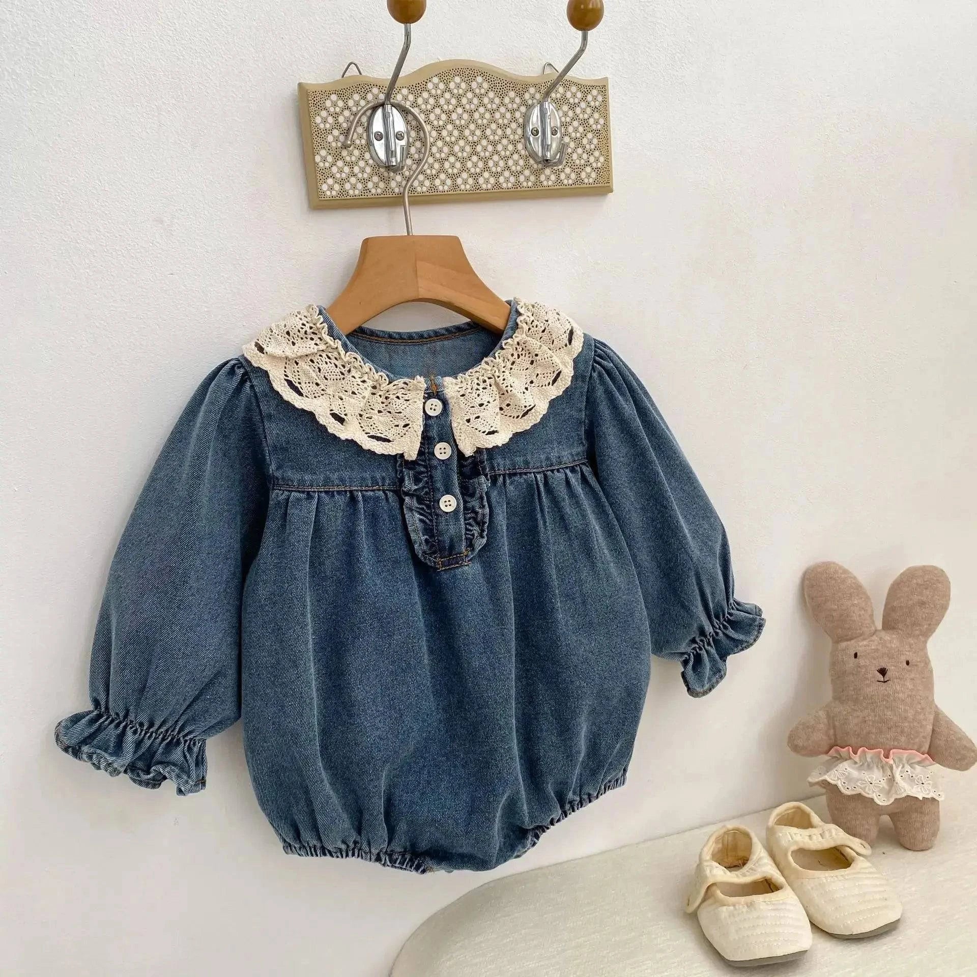 Baby girl denim long sleeve outfit from SHOPEZRA L.L.C. for spring and autumn, featuring princess climbing design.