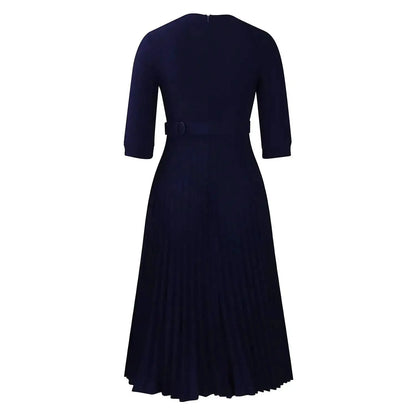 Elegant Office Ladies Dresses 2024 Autumn Fall Notched Collar Half Sleeve Belt Waisted Mid Calf Female Birthday Party Dress Midi by Dropshipman