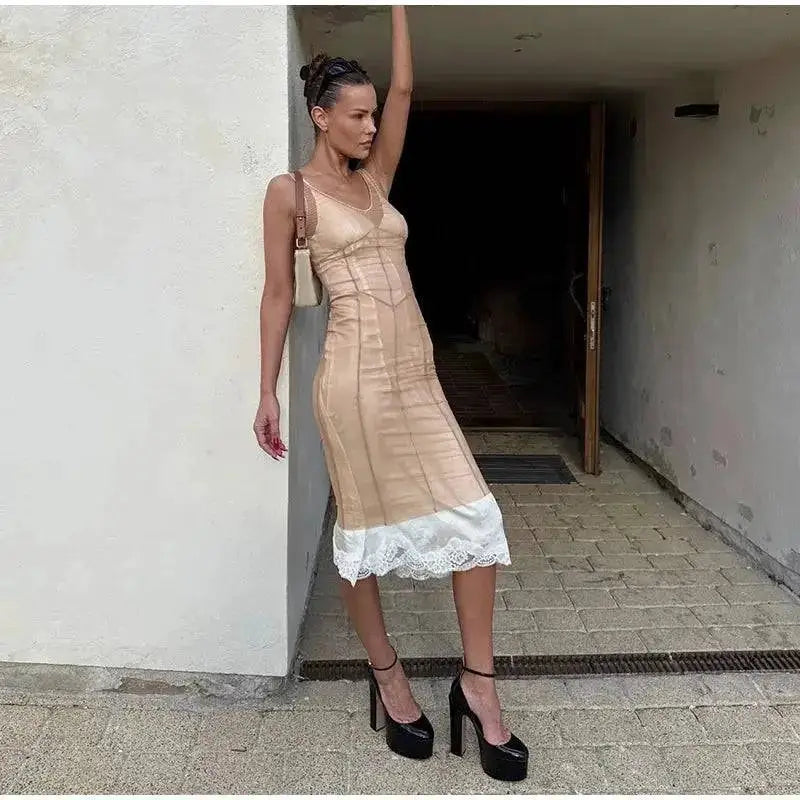 Mesh Overlay Lace Hem Slip Midi Dress Slim Spaghetti Strap Sheer 2026 Summer Elegant Women Bodycon Dress Retro Date Lady Gown by Dropshipman