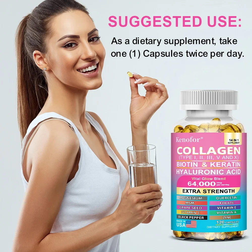 14 IN 1 Collagen Capsules - Biotin &amp; Keratin Skin Care Product Booster Anti Aging Whitening Skin Nail and Hair Care Supplement