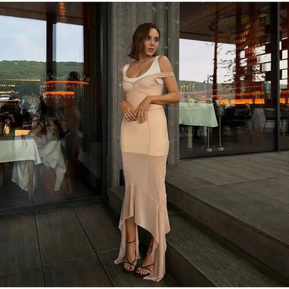 Mesh Overlay Lace Hem Slip Midi Dress Slim Spaghetti Strap Sheer 2026 Summer Elegant Women Bodycon Dress Retro Date Lady Gown by Dropshipman