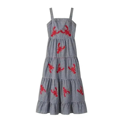 HXAO Embroidery Plaid Long Dresses Women Sleeveless Slip Midi Dress Woman Pleated Backless Beach Dress Vintage Summer Dress by Dropshipman